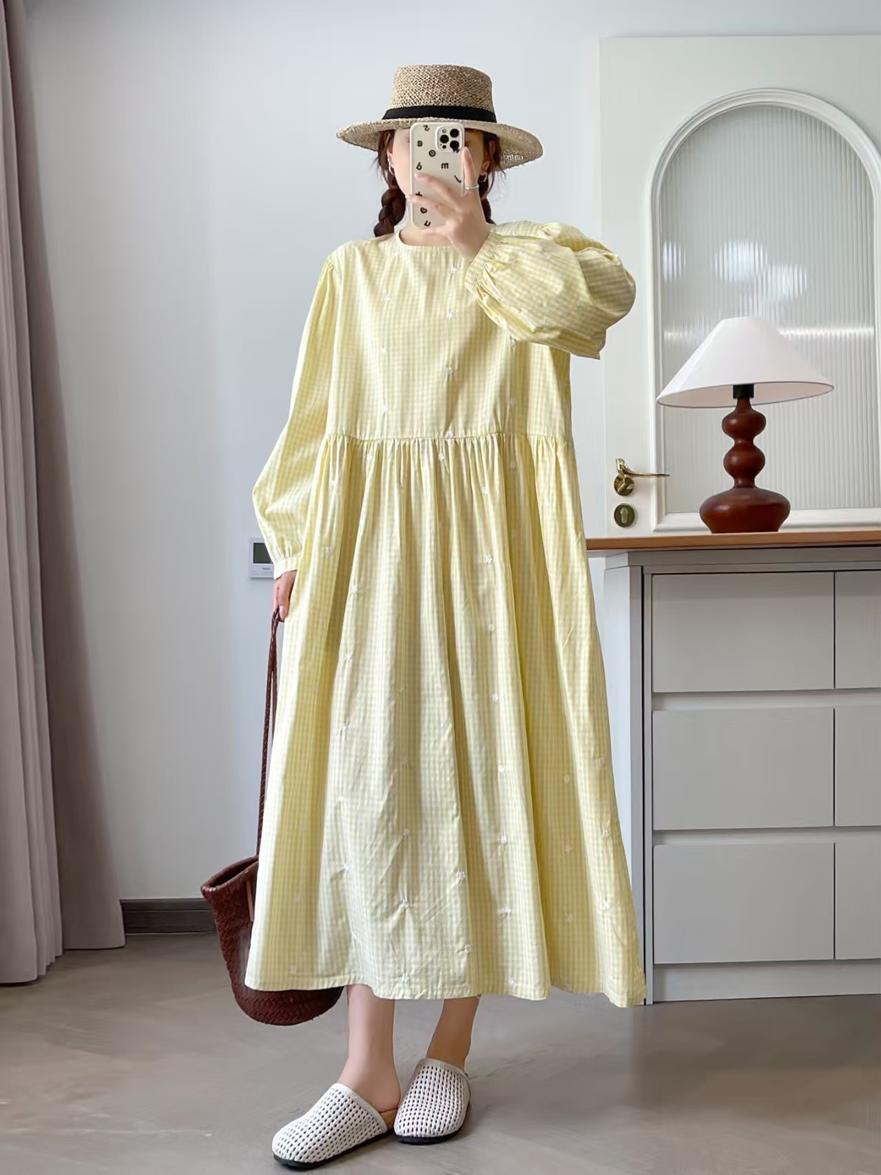 Bust 118cm mori girl autumn Ja - đánh giá và giá Embroidery Yellow Dress
