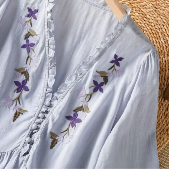 Elegant Purple Floral Embroide - đánh giá và giá Embroidery Cotton Shirt